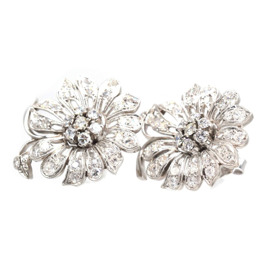 1940s 18ct White Gold Diamond Flower Cluster Earrings | Parkin and Gerrish | Antique & Vintage Jewellery