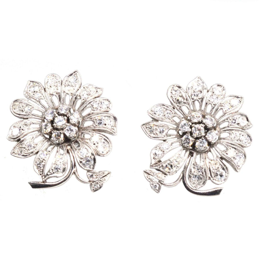 1940s 18ct White Gold Diamond Flower Cluster Earrings | Parkin and Gerrish | Antique & Vintage Jewellery
