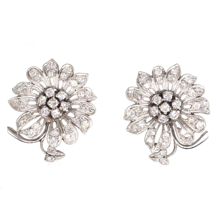 1940s 18ct White Gold Diamond Flower Cluster Earrings | Parkin and Gerrish | Antique & Vintage Jewellery