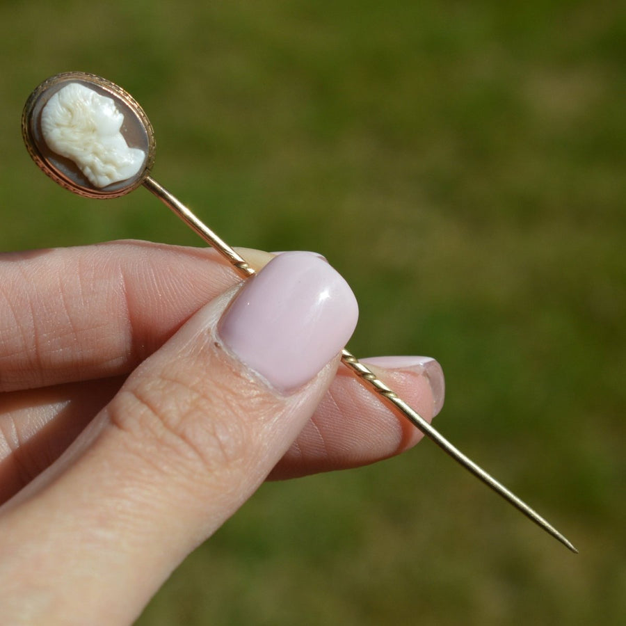 19th Century 9ct Gold Helmet Shell Cameo Tie Pin of a Roman Goddess | Parkin and Gerrish | Antique & Vintage Jewellery