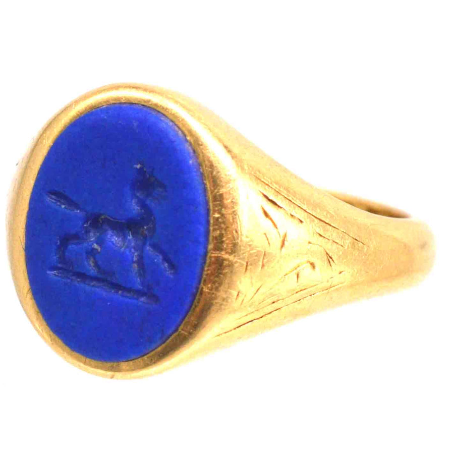 1960s 18ct Gold Signet Ring with Laplis Lazlui Intaglio of a Wolf