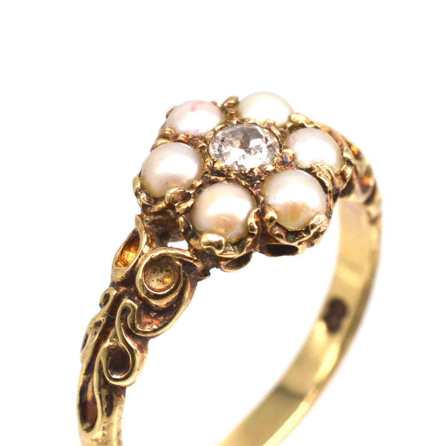 Late Victorian 9ct Gold Split Pearl and Diamond Cluster Ring