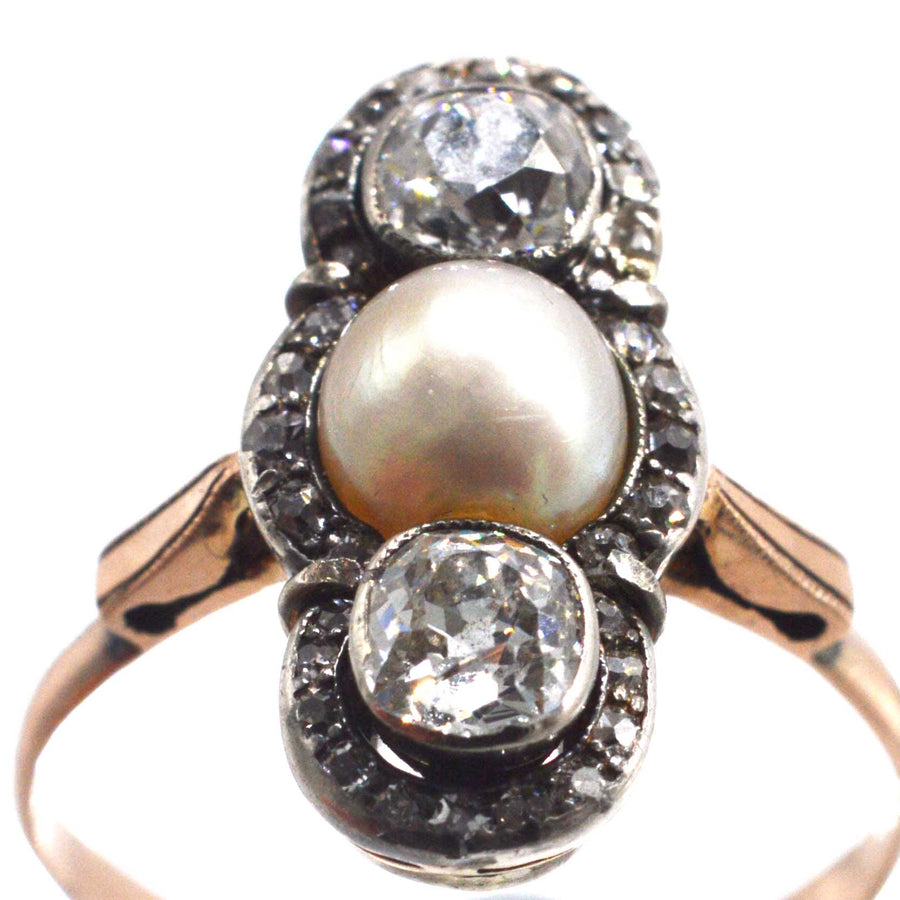 Edwardian Silver and 15ct Gold Old Mine Cut Diamond and Natural Pearl Three Stone Ring