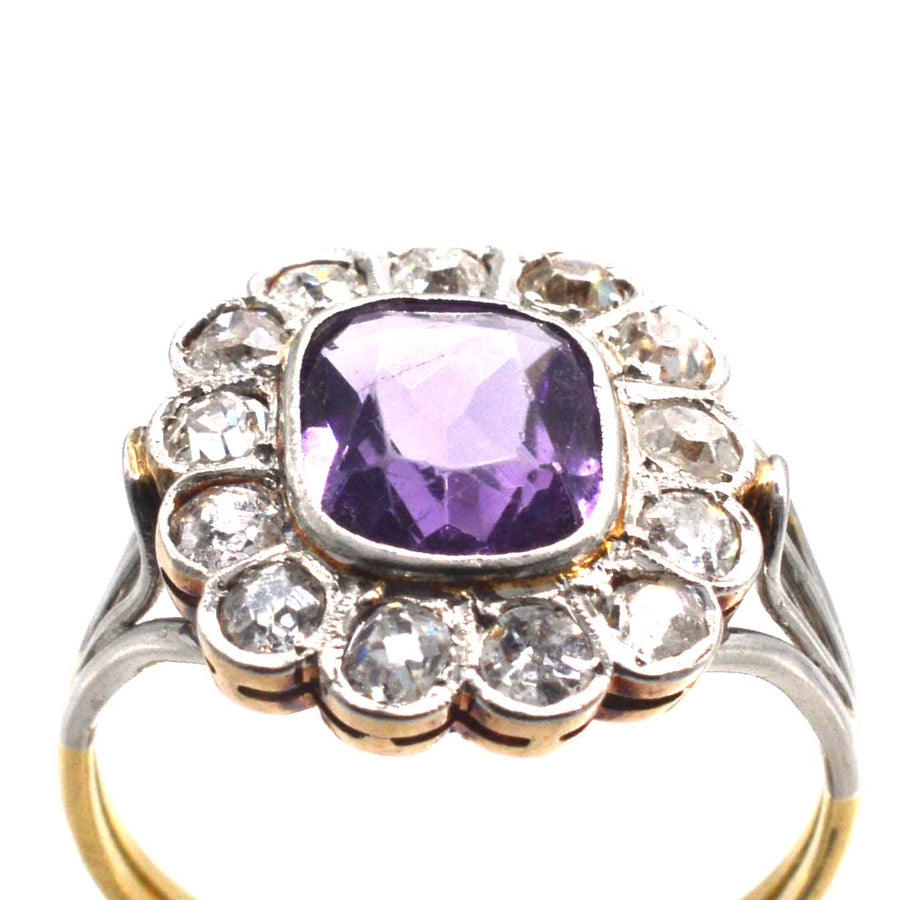 Edwardian Platinum and 18ct Gold Amethyst and Diamond Cluster Ring