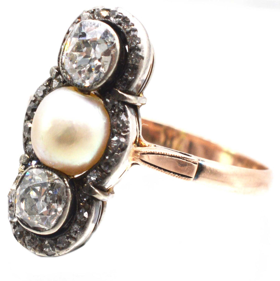 Edwardian Silver and 15ct Gold Old Mine Cut Diamond and Natural Pearl Three Stone Ring