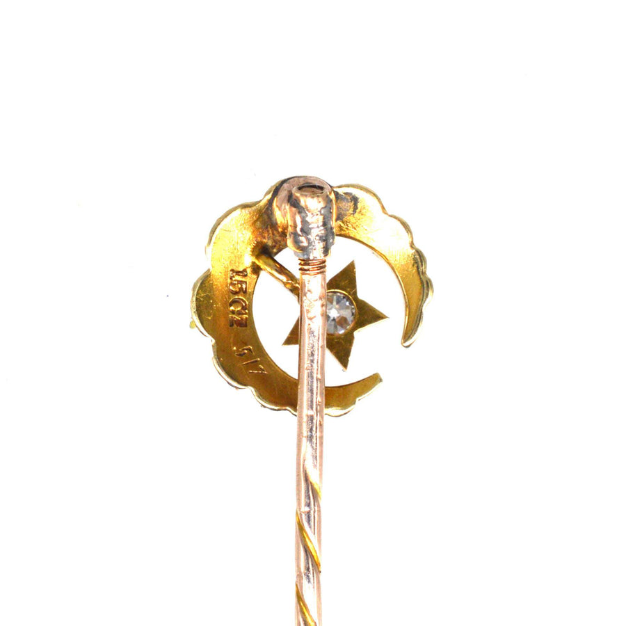 Victorian 15ct Gold Pearl and Diamond Star and Crescent Moon Tie Pin