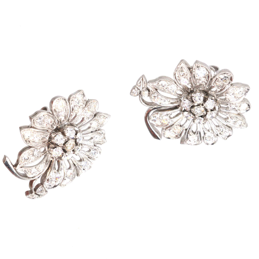 1940s 18ct White Gold Diamond Flower Cluster Earrings