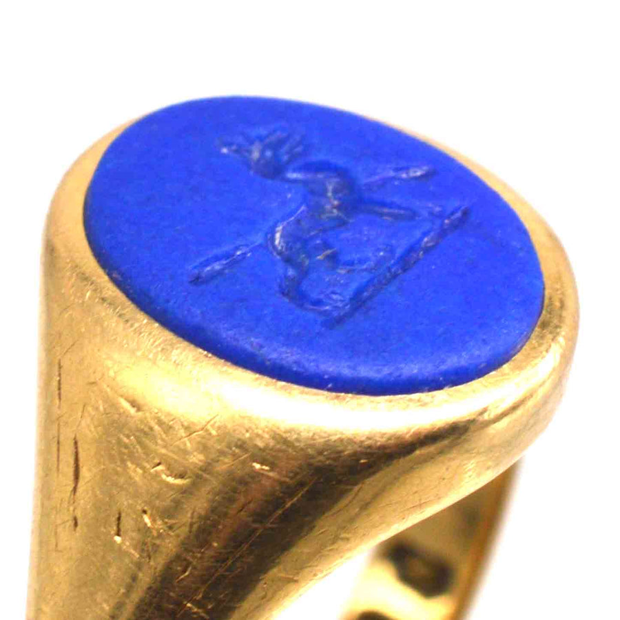 1960s 18ct Gold Signet Ring with Laplis Lazlui Intaglio of a Wolf