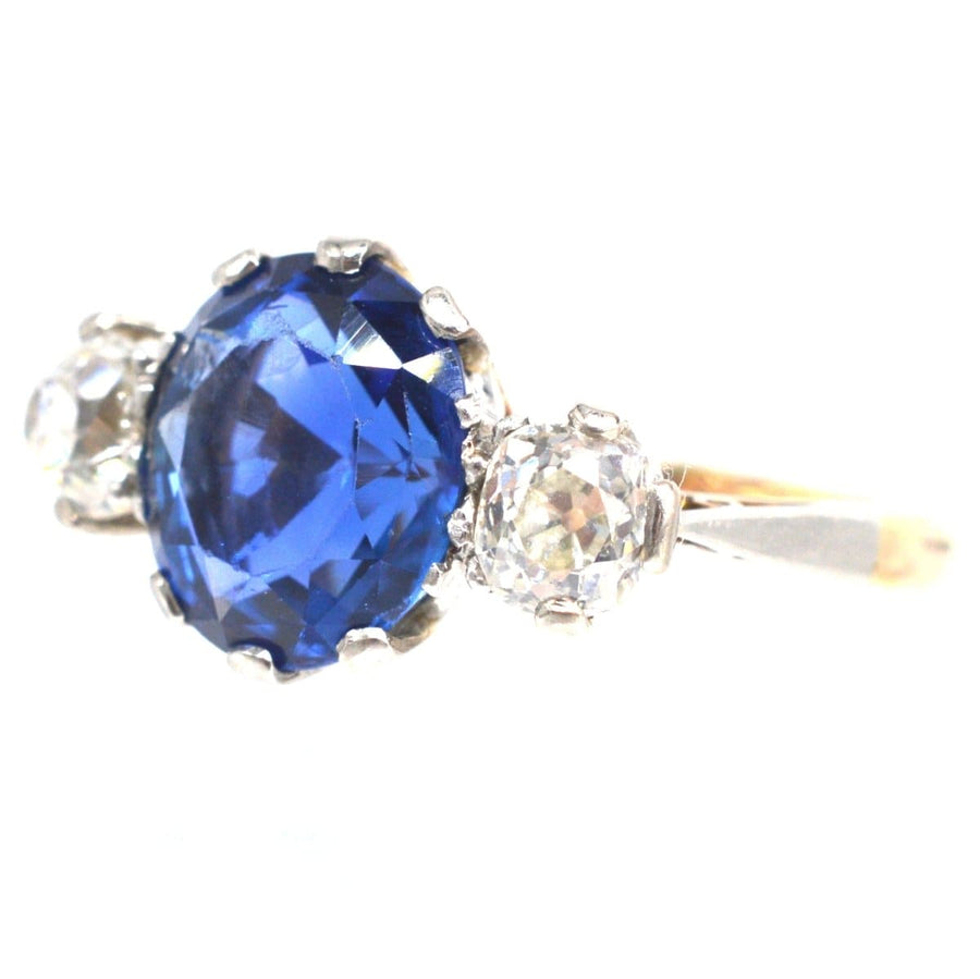 Art Deco 18ct Gold and Platinum Certificated Natural Ceylon Sapphire and Diamond Three Stone Ring | Parkin and Gerrish | Antique & Vintage Jewellery