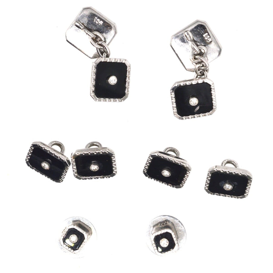 Art Deco 9ct White Gold, Onyx and Diamond Dress Set in Original Case | Parkin and Gerrish | Antique & Vintage Jewellery