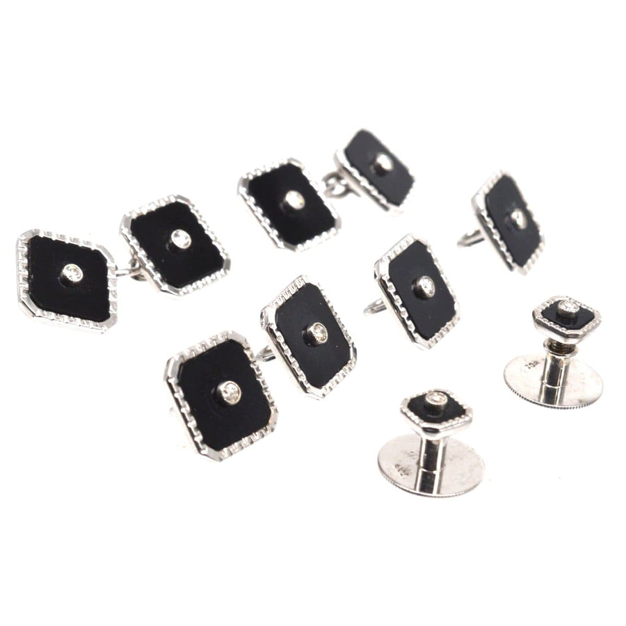 Art Deco 9ct White Gold, Onyx and Diamond Dress Set in Original Case | Parkin and Gerrish | Antique & Vintage Jewellery