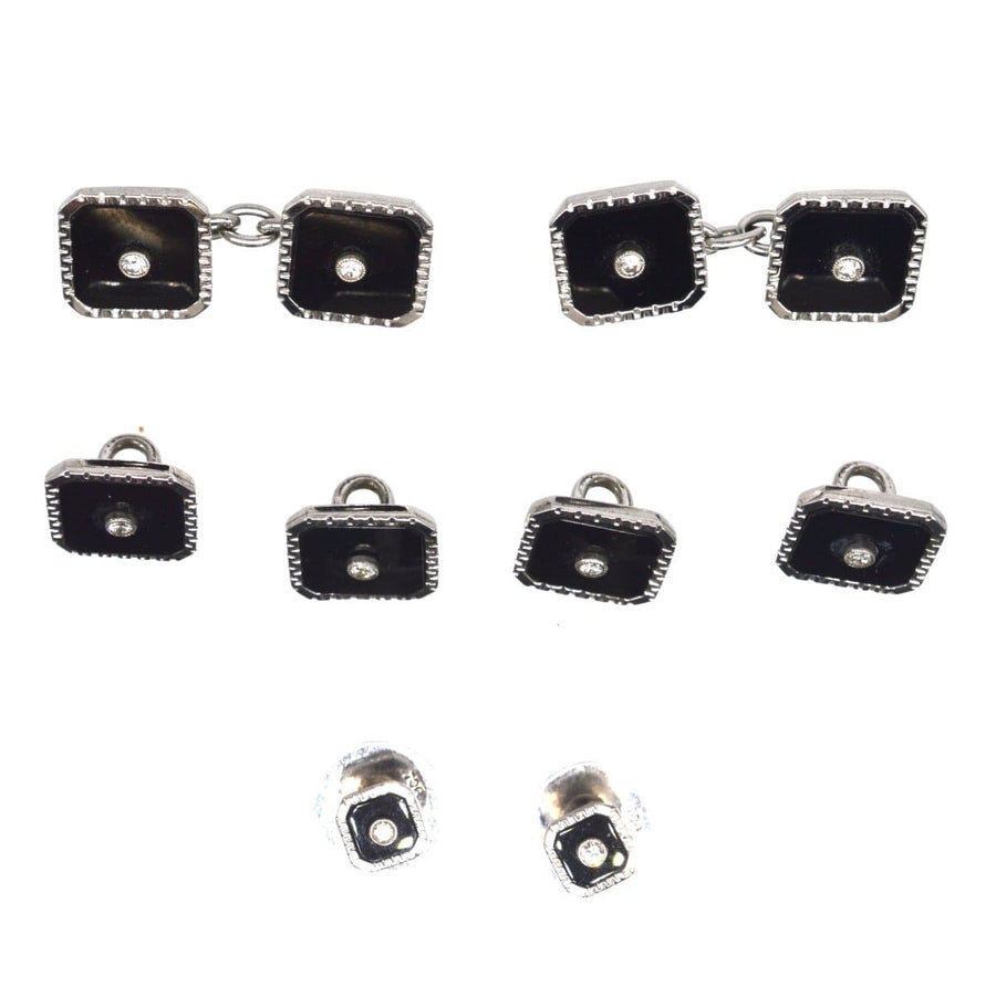 Art Deco 9ct White Gold, Onyx and Diamond Dress Set in Original Case | Parkin and Gerrish | Antique & Vintage Jewellery