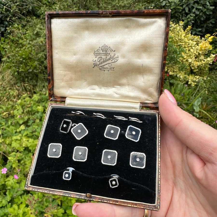 Art Deco 9ct White Gold, Onyx and Diamond Dress Set in Original Case | Parkin and Gerrish | Antique & Vintage Jewellery