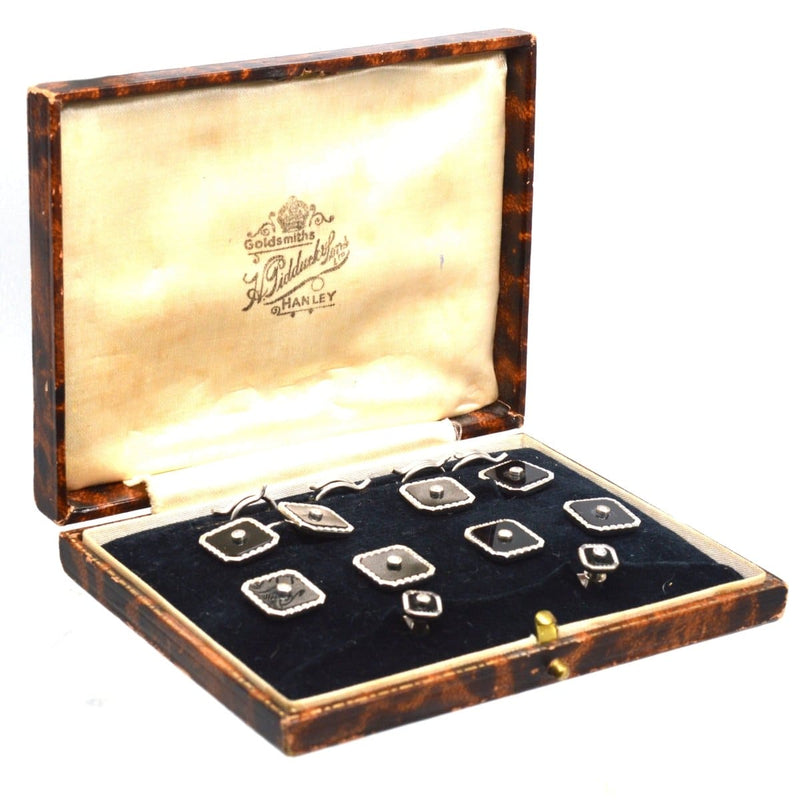 Art Deco 9ct White Gold, Onyx and Diamond Dress Set in Original Case