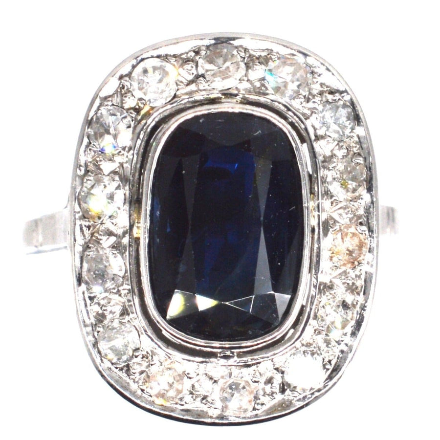 Art Deco French Platinum Dark Sapphire and Diamond Cluster Ring | Parkin and Gerrish | Antique & Vintage Jewellery