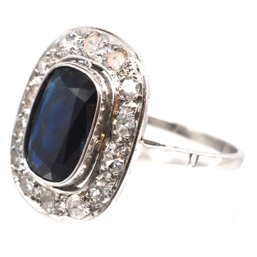 Art Deco French Platinum Dark Sapphire and Diamond Cluster Ring | Parkin and Gerrish | Antique & Vintage Jewellery