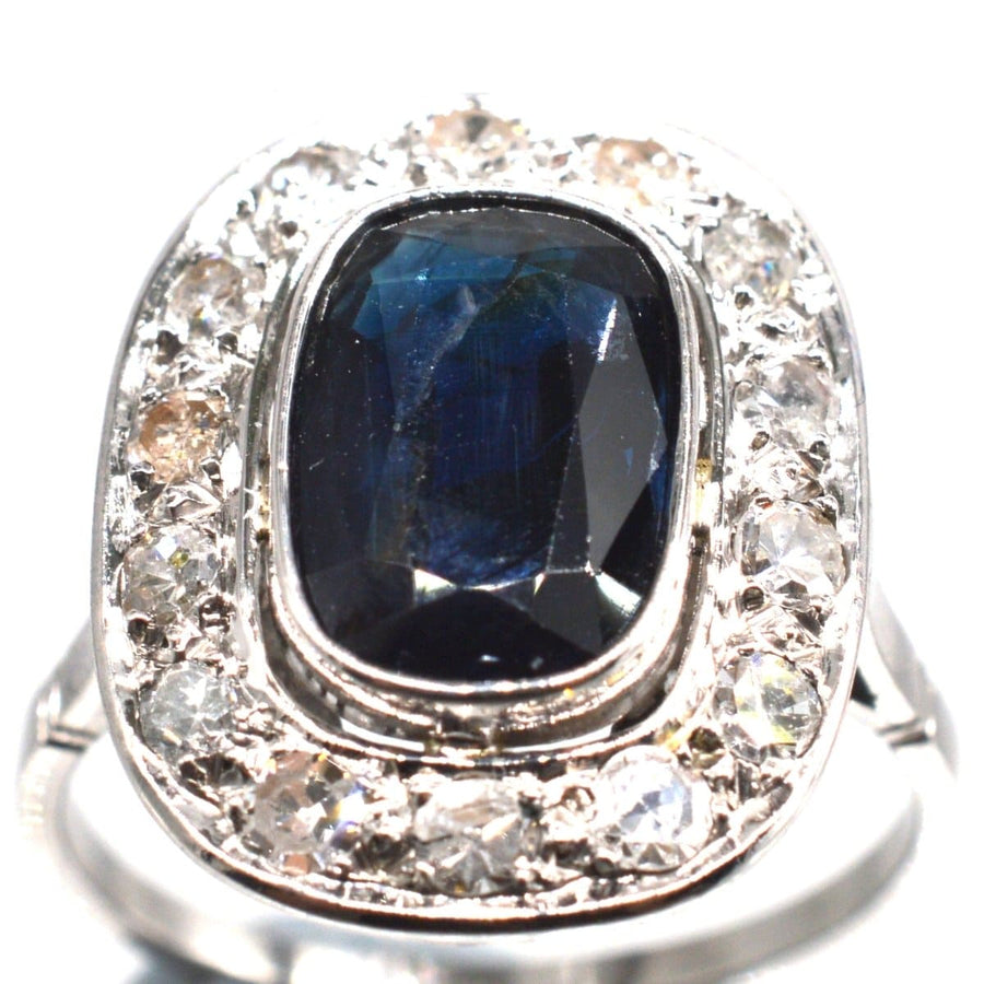 Art Deco French Platinum Dark Sapphire and Diamond Cluster Ring | Parkin and Gerrish | Antique & Vintage Jewellery