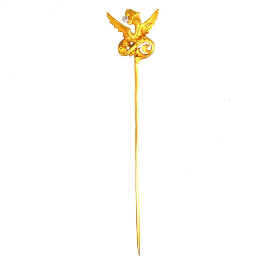 Art Nouveau 18ct Gold Griffin with a Diamond in his mouth