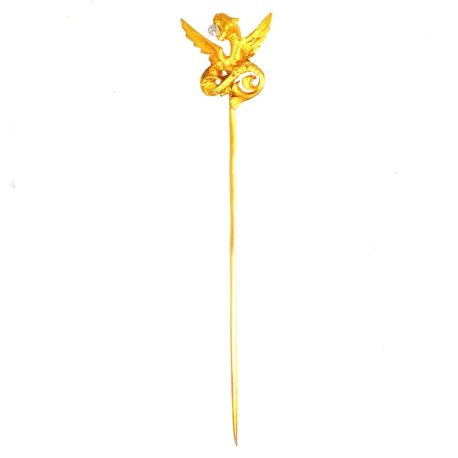 Art Nouveau 18ct Gold Griffin with a Diamond in his mouth