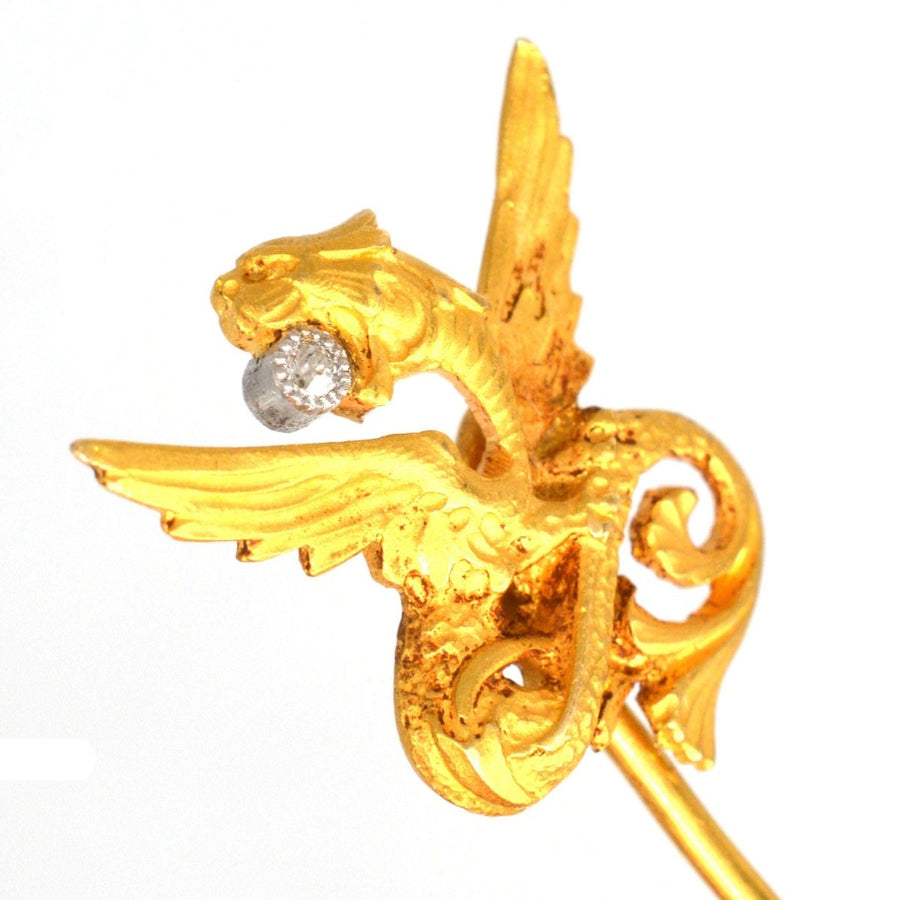 Art Nouveau 18ct Gold Griffin with a Diamond in his mouth