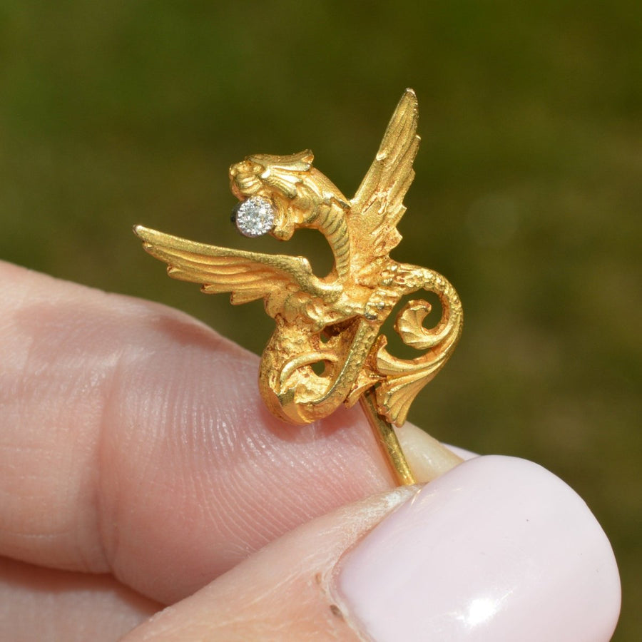 Art Nouveau 18ct Gold Griffin with a Diamond in his mouth