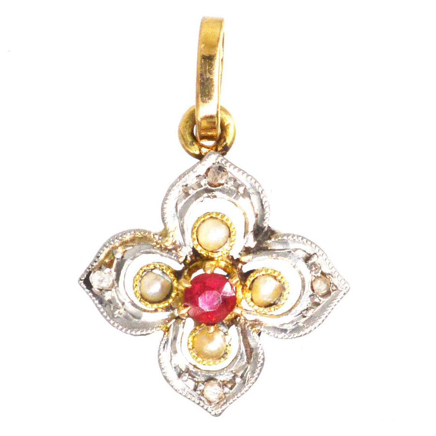 Early 20th Century Diamond, Pearl and Ruby Quatrefoil Pendant