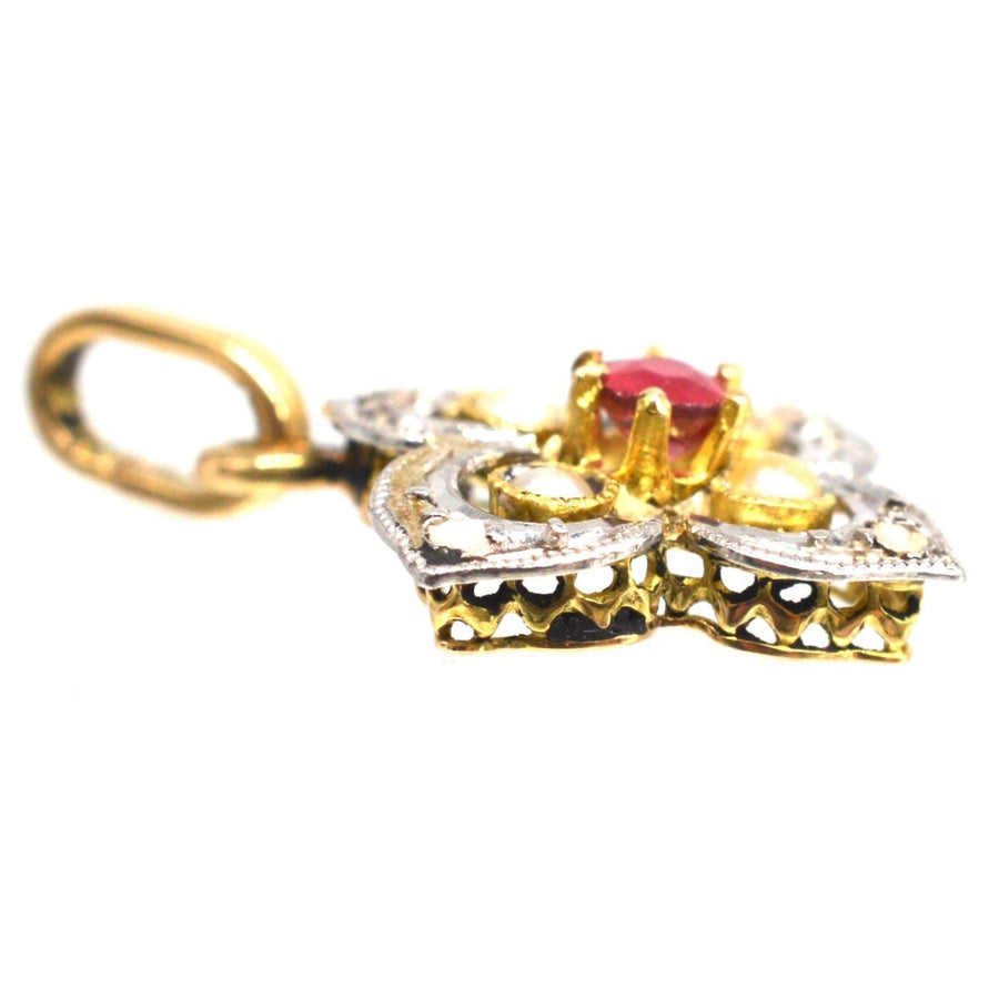 Early 20th Century Diamond, Pearl and Ruby Quatrefoil Pendant