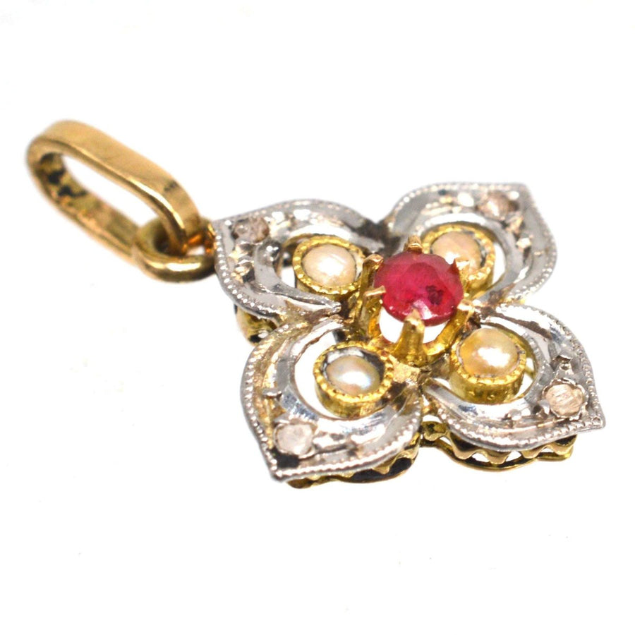 Early 20th Century Diamond, Pearl and Ruby Quatrefoil Pendant