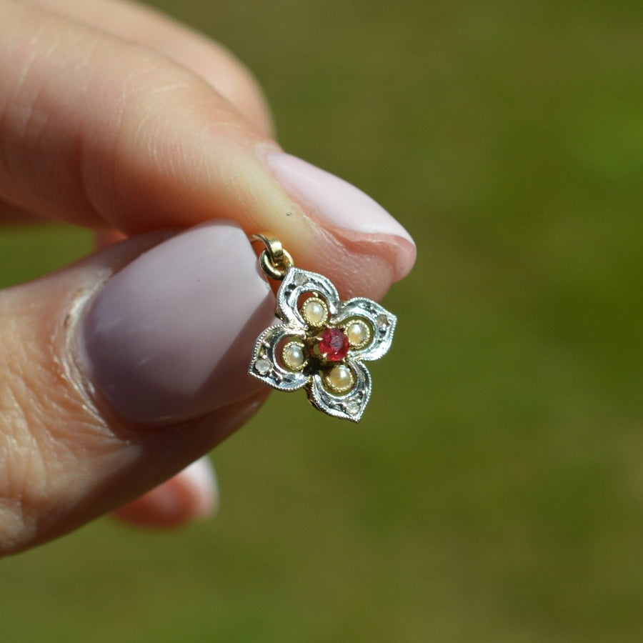 Early 20th Century Diamond, Pearl and Ruby Quatrefoil Pendant