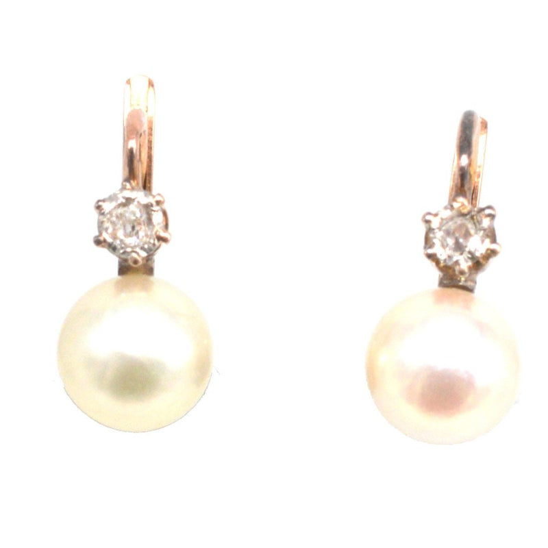 Early 20th Century French 18ct Rose Gold Pearl & Diamond Dormeuse Earrings