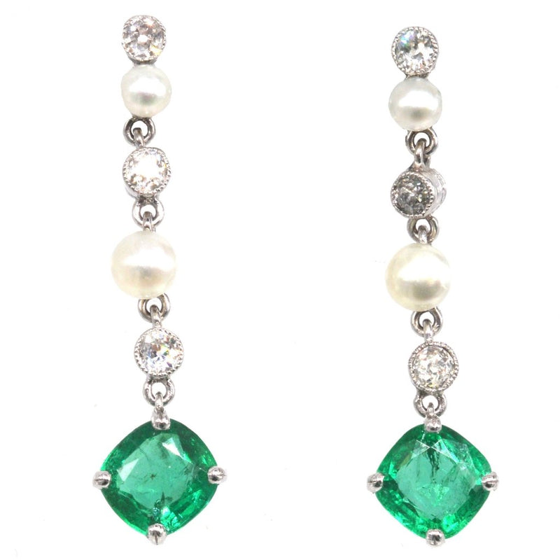 Early 20th Century Platinum Natural Pearl, Diamond & Emerald Drop Earrings