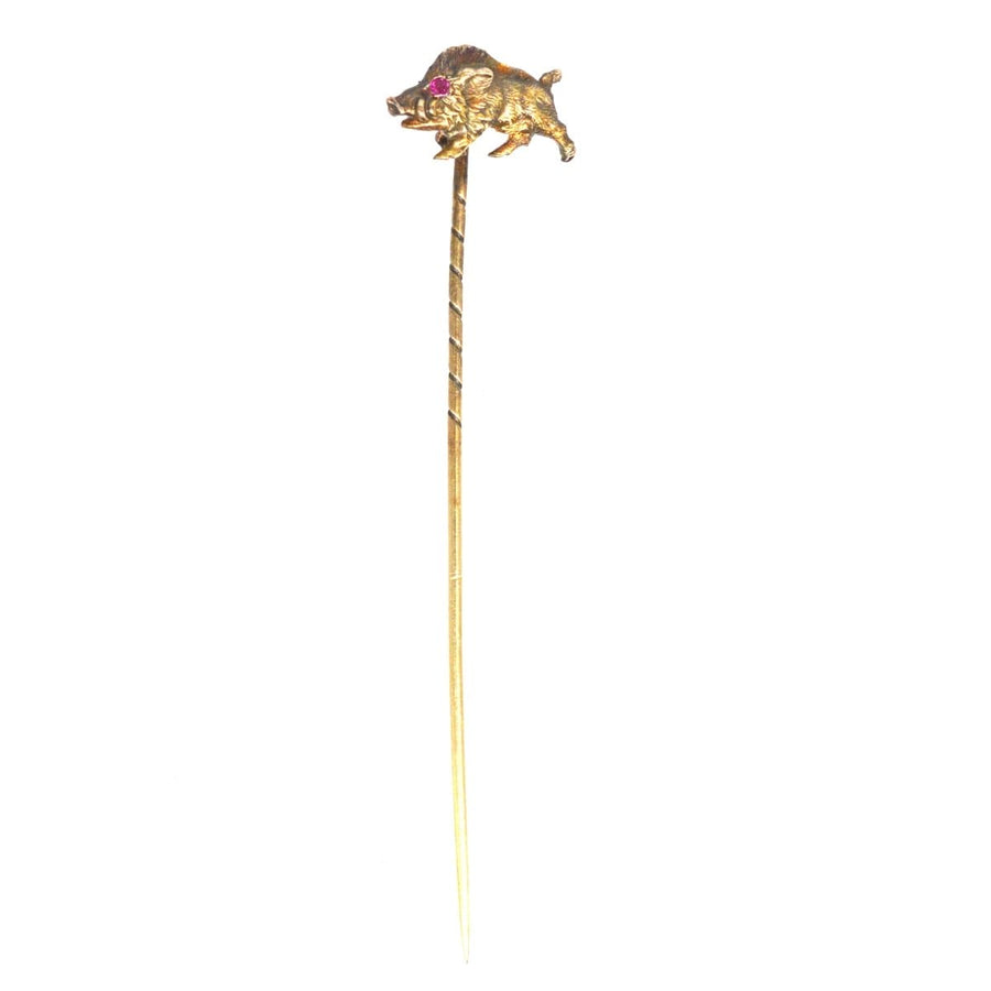 Edwardian 14ct Gold Wild Boar (Hog) Tie Pin with Ruby Eyes | Parkin and Gerrish | Antique & Vintage Jewellery