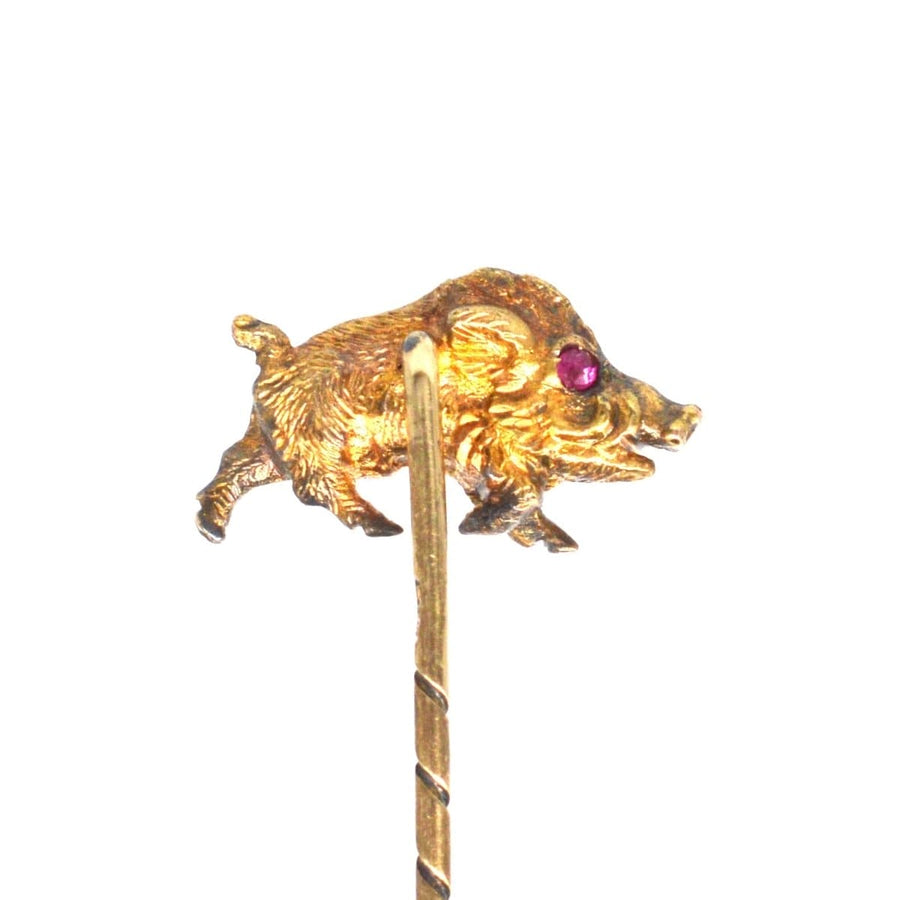 Edwardian 14ct Gold Wild Boar (Hog) Tie Pin with Ruby Eyes | Parkin and Gerrish | Antique & Vintage Jewellery