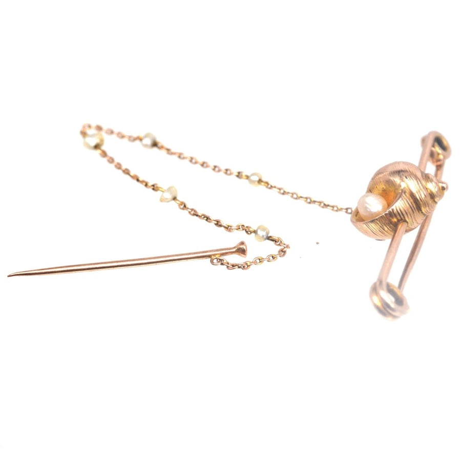 Edwardian 15ct Gold Bar Brooch with a Sea Shell and a Pearl | Parkin and Gerrish | Antique & Vintage Jewellery