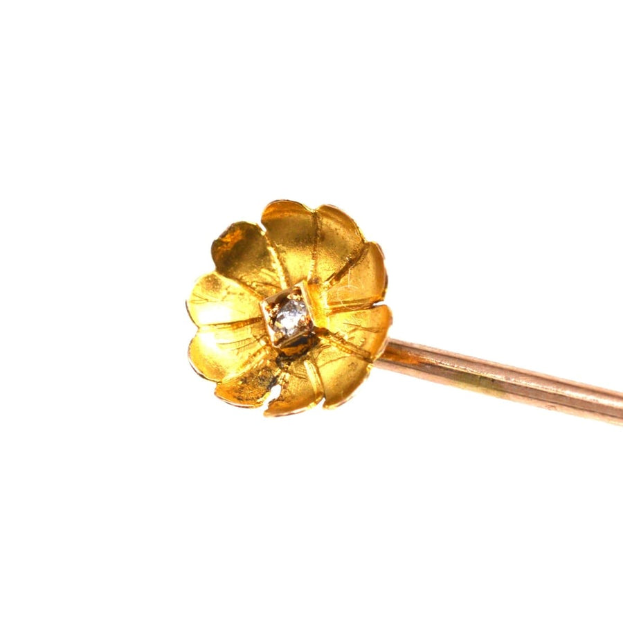 Edwardian 15ct Gold Flower Tie Pin with a Diamond | Parkin and Gerrish | Antique & Vintage Jewellery