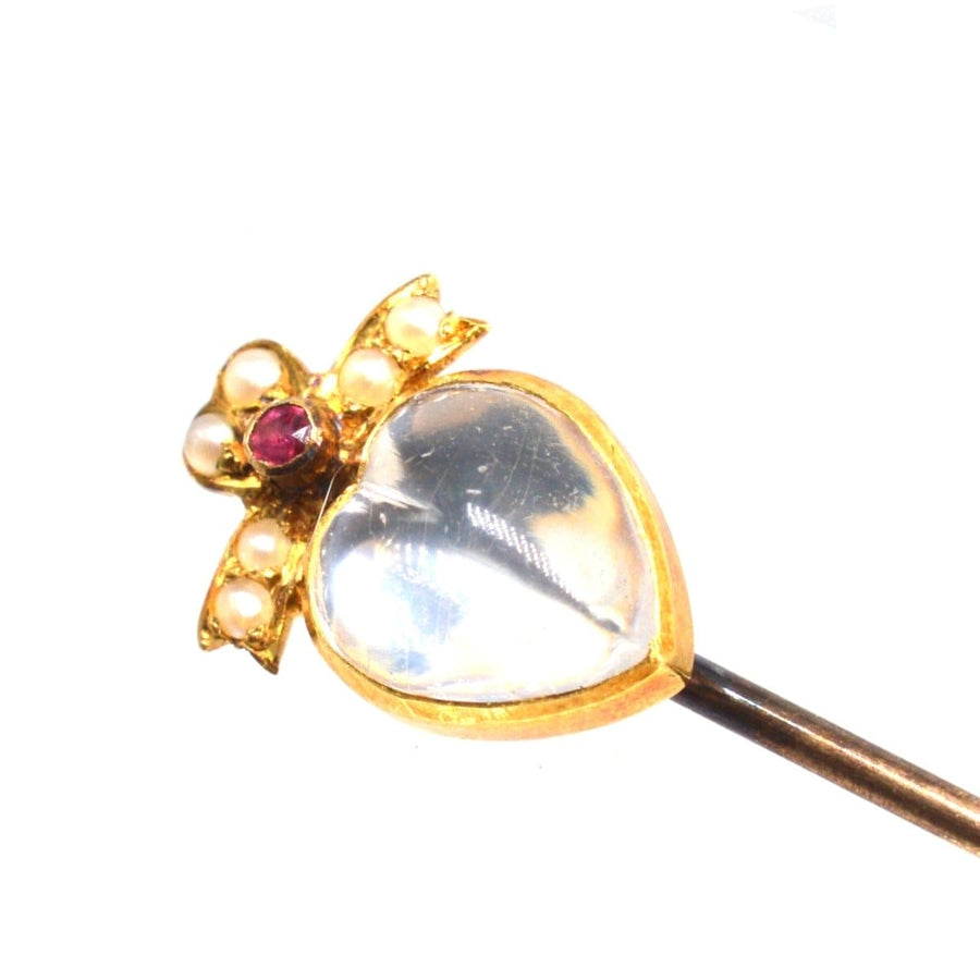 Edwardian 15ct Gold Moonstone Heart and Ruby and Seed Pearl Bow Tie Pin | Parkin and Gerrish | Antique & Vintage Jewellery