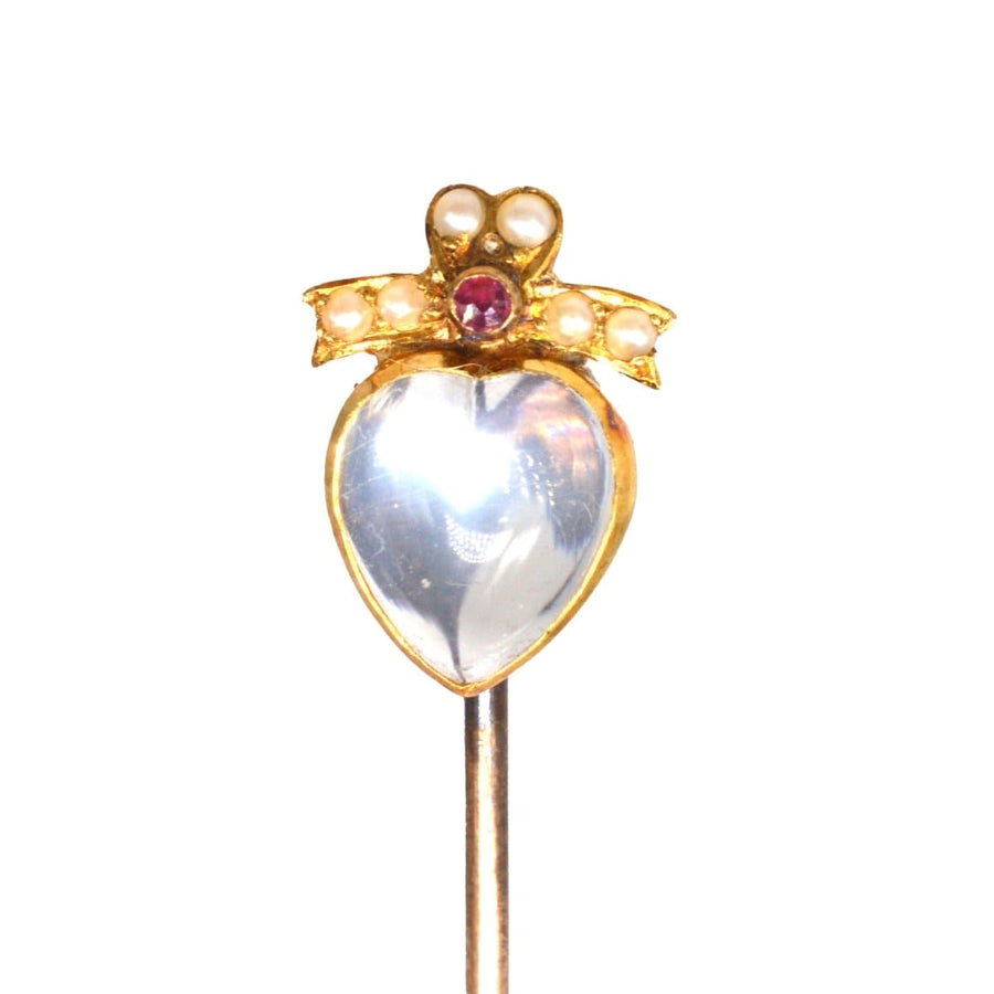 Edwardian 15ct Gold Moonstone Heart and Ruby and Seed Pearl Bow Tie Pin | Parkin and Gerrish | Antique & Vintage Jewellery