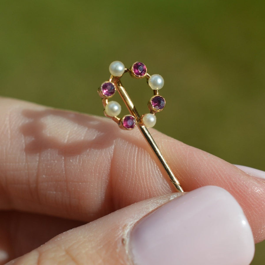 Edwardian 15ct Gold Pearl and Ruby Circular Tie Pin