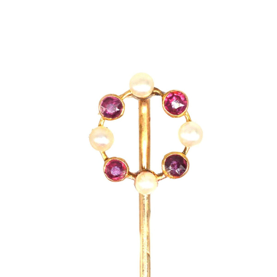 Edwardian 15ct Gold Pearl and Ruby Circular Tie Pin
