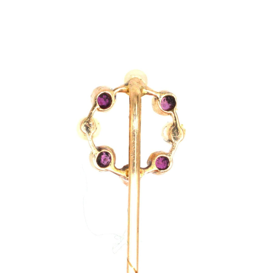 Edwardian 15ct Gold Pearl and Ruby Circular Tie Pin