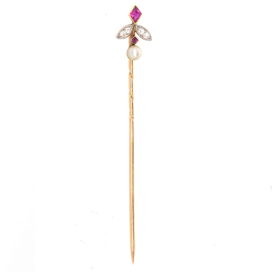 Edwardian 15ct Gold Ruby, Diamond and Natural Pearl Tie Pin