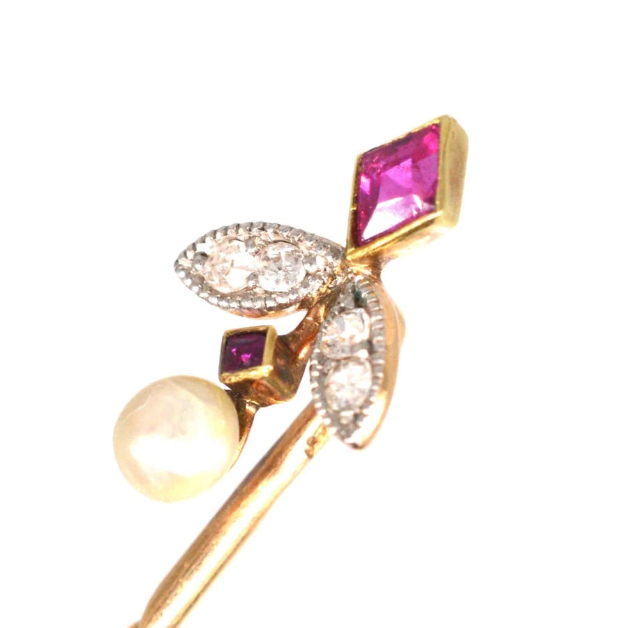 Edwardian 15ct Gold Ruby, Diamond and Natural Pearl Tie Pin