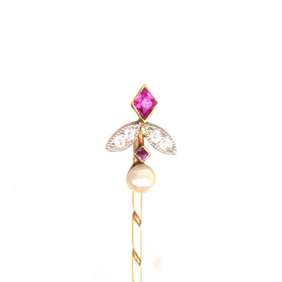 Edwardian 15ct Gold Ruby, Diamond and Natural Pearl Tie Pin