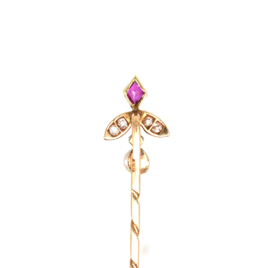 Edwardian 15ct Gold Ruby, Diamond and Natural Pearl Tie Pin