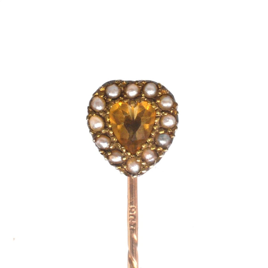 Edwardian 9ct Gold, Citrine and Seed Pearl Heart Tie Pin | Parkin and Gerrish | Antique & Vintage Jewellery