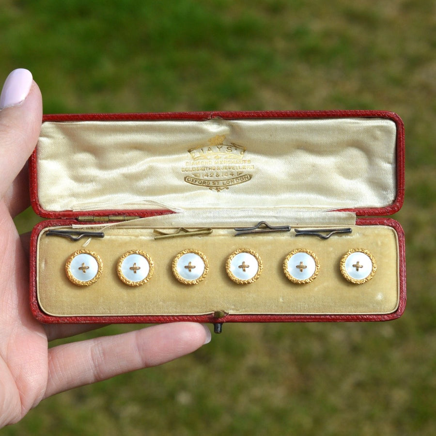 Edwardian 9ct Gold Mother of Pearl Dress Stud Buttons in Original Case