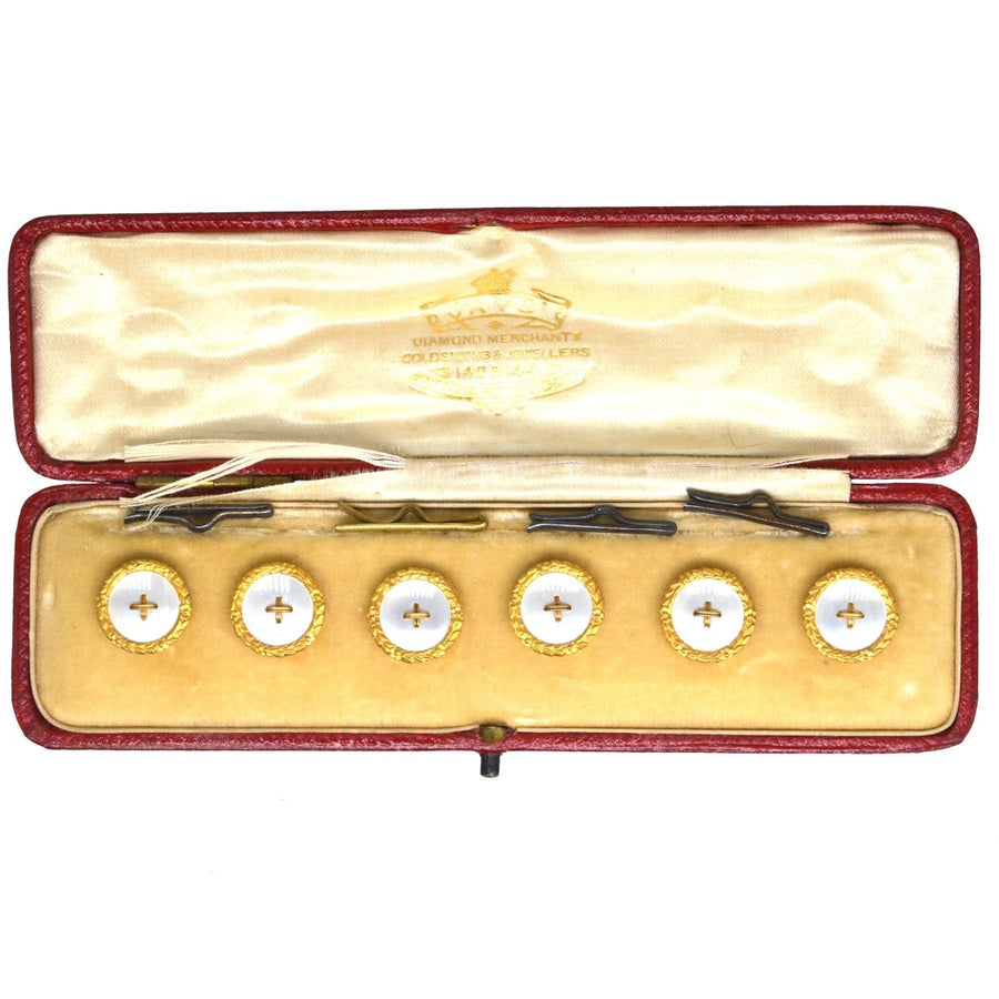 Edwardian 9ct Gold Mother of Pearl Dress Stud Buttons in Original Case