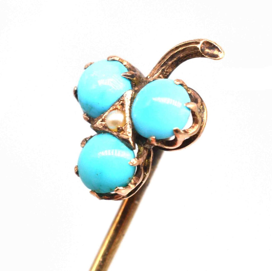Edwardian 9ct Gold Shamrock Tie Pin set with Turquoise & a Pearl | Parkin and Gerrish | Antique & Vintage Jewellery