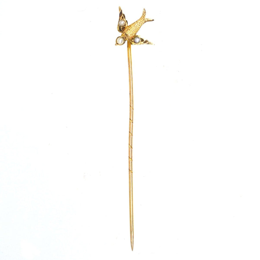 Edwardian 9ct Gold Swallow Tie Pin with Seed Pearls