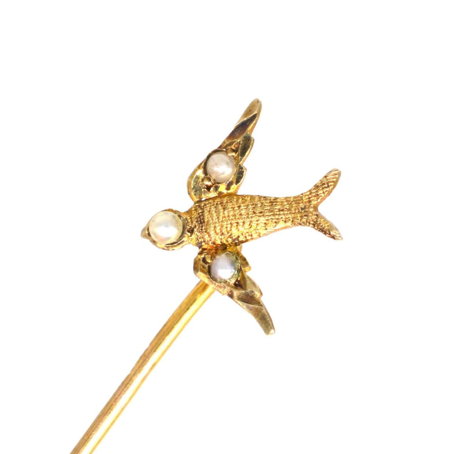 Edwardian 9ct Gold Swallow Tie Pin with Seed Pearls